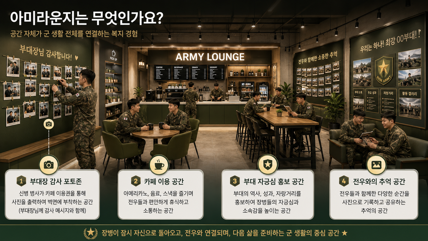 아미라운지 공간 구성 한눈에 보기 — 부대장 감사 포토존, 카페 이용 공간, 부대 자긍심 홍보 공간, 전우와의 추억 공간